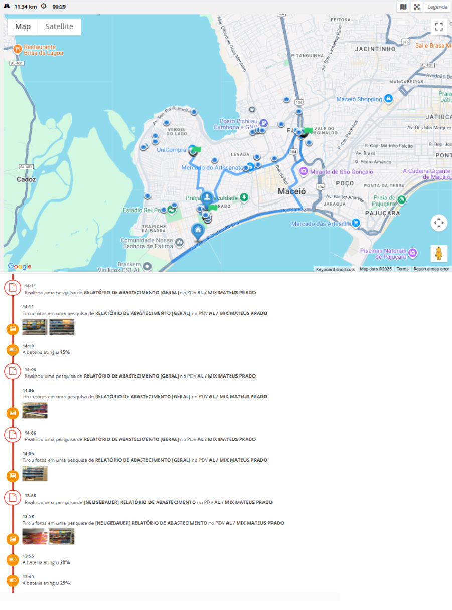App CX — rota do dia no mapa e timeline de atividades no PDV em tempo real